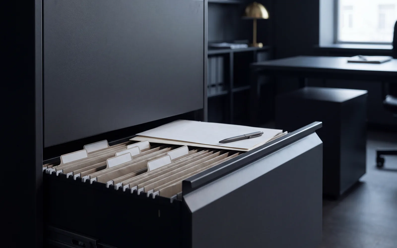 Open drawer of a filing cabinet with sorted hanging folders, a folder and a pen on top